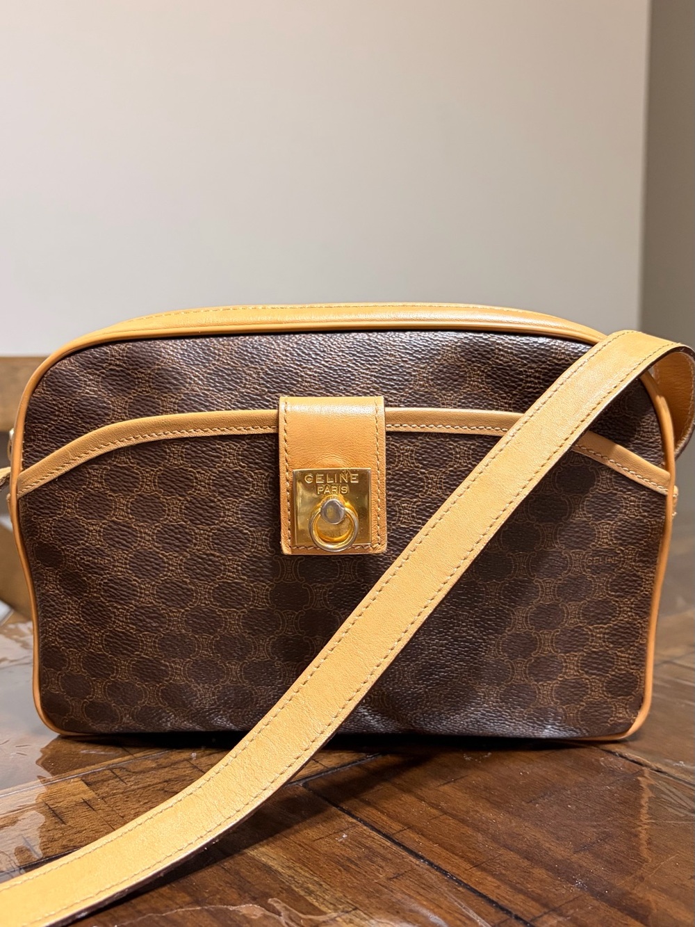 Celine Brown Macadam Crossbody Bag with Tan Trim